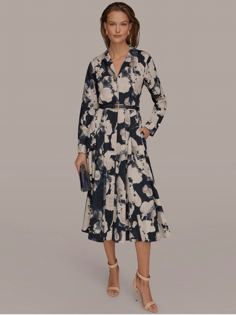 Donna Karan Women Long-Sleeve Collared Belted Dress. Size 10. Nightfall Multi - Picture 6 of 6